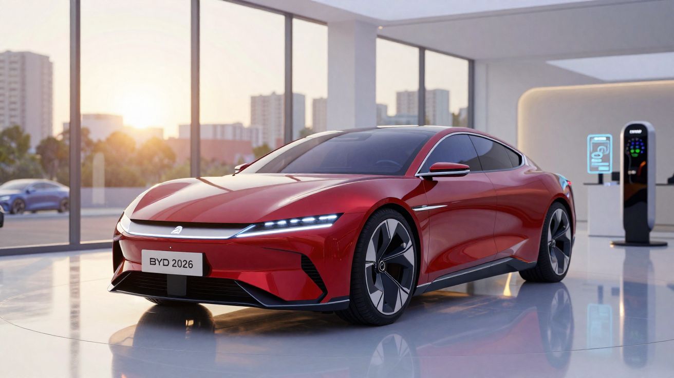 Voiture électrique rouge BYD 2026 brillante garée dans un showroom moderne avec bornes de recharge.