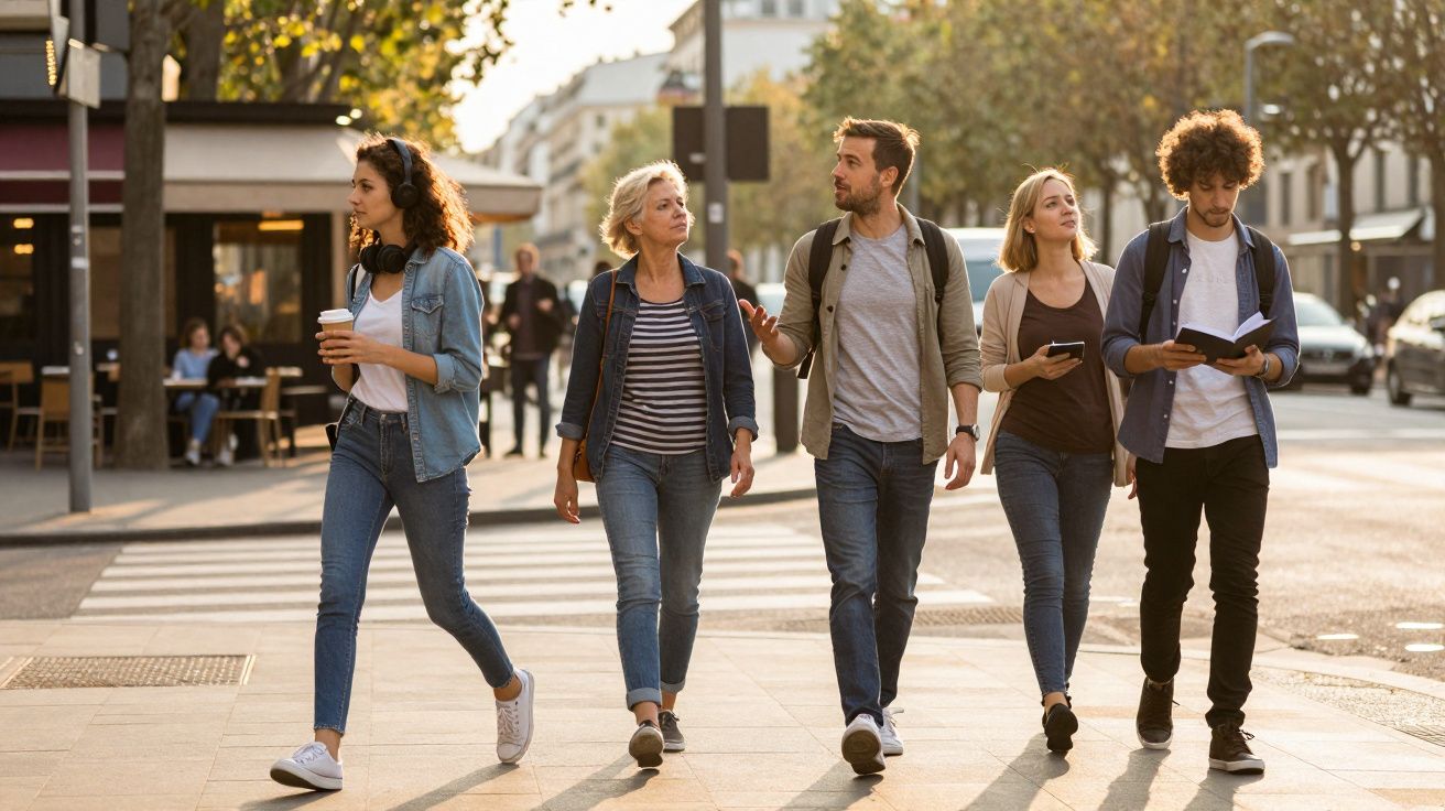 Groupe de cinq personnes marchant en ville sur un trottoir avec des arbres et des bâtiments en arrière-plan.