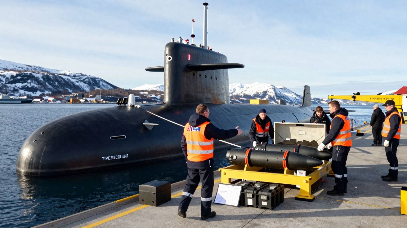 Un sous-marin noir amarré au quai avec plusieurs marins en gilets orange manipulant un équipement militaire.