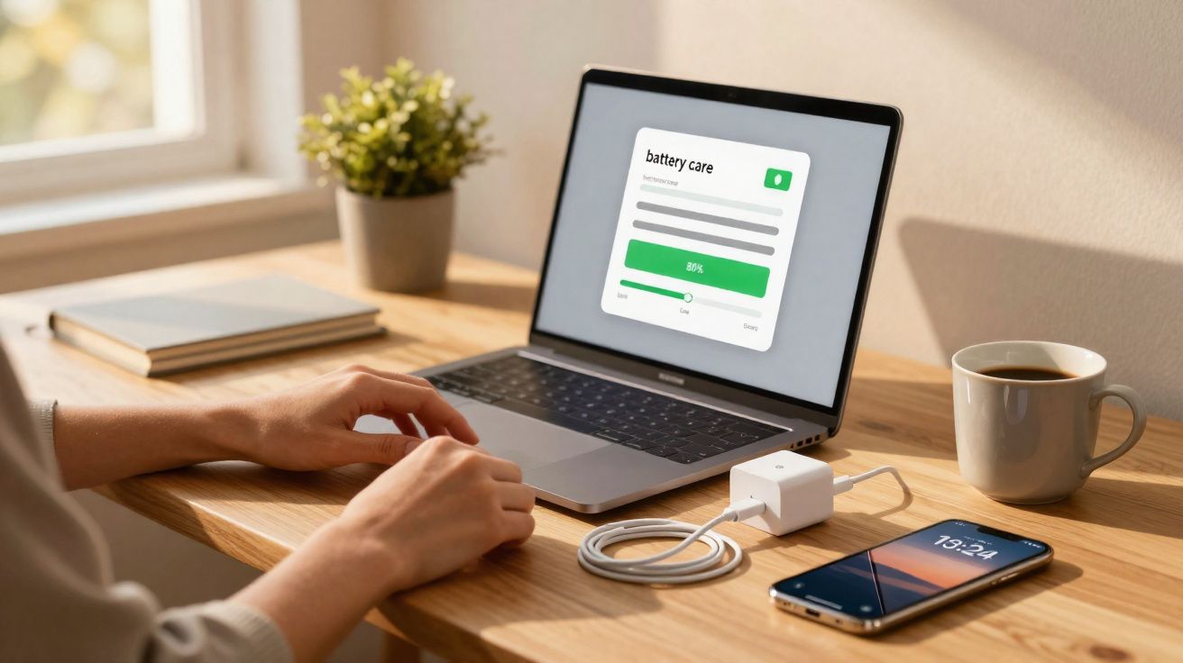 Personne utilisant un ordinateur portable avec une application de gestion de batterie, smartphone, tasse et plante sur une ta