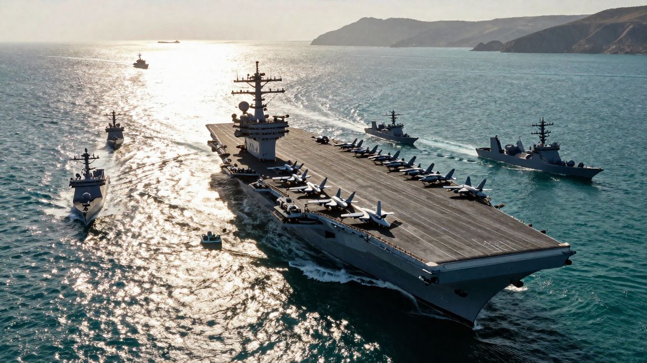 Porte-avions entouré de plusieurs navires militaires naviguant en mer avec des avions alignés sur le pont.