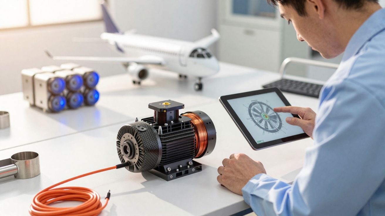 Ingénieur étudiant un moteur électrique sur tablette avec maquette d’avion en arrière-plan sur bureau lumineux.