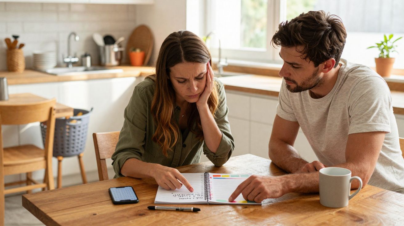 Un couple concentré regarde un agenda à table dans une cuisine lumineuse, entouré d'objets du quotidien.