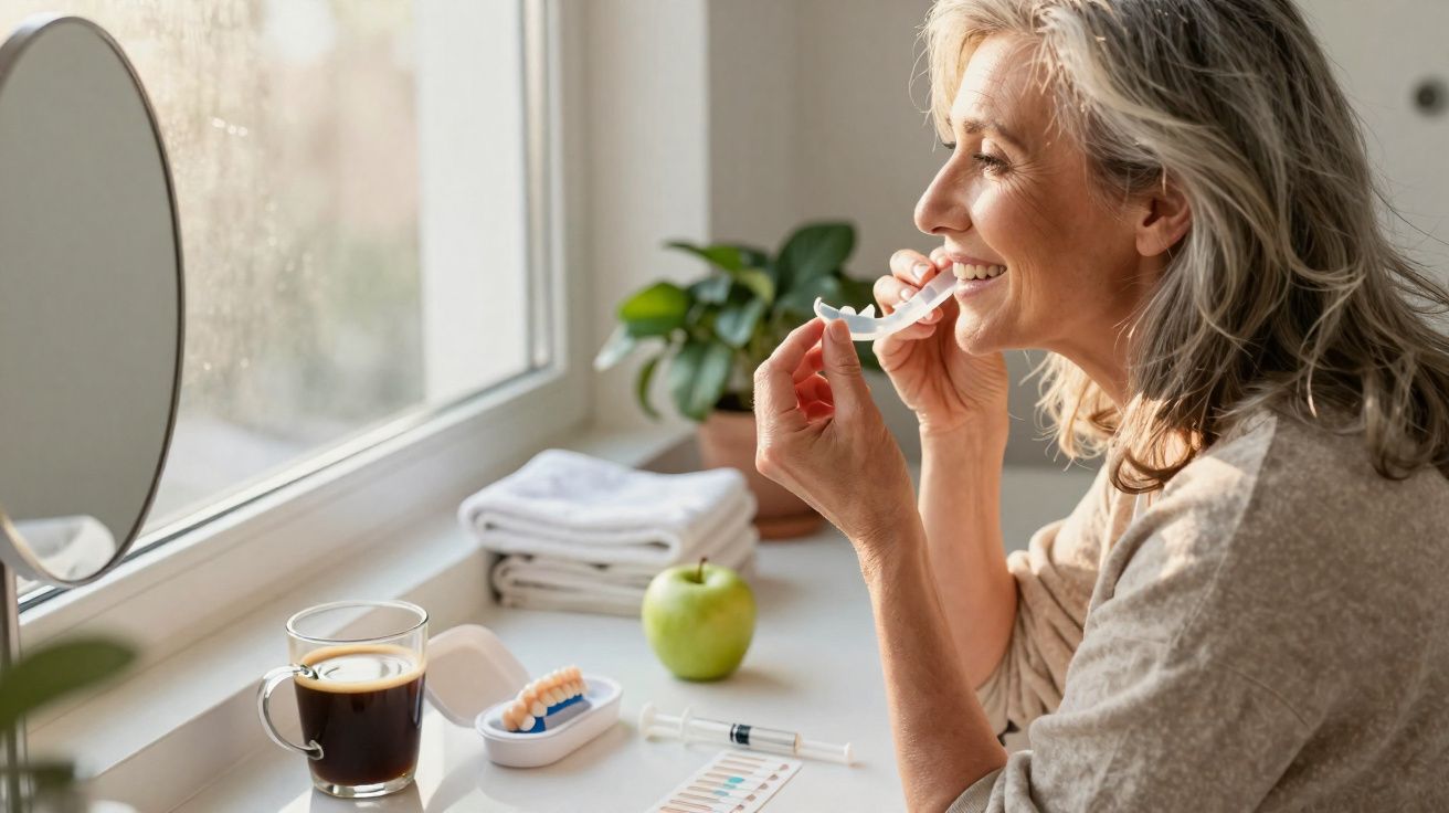 Femme souriante ajustant une gouttière dentaire près d'une fenêtre avec café et pomme verte.