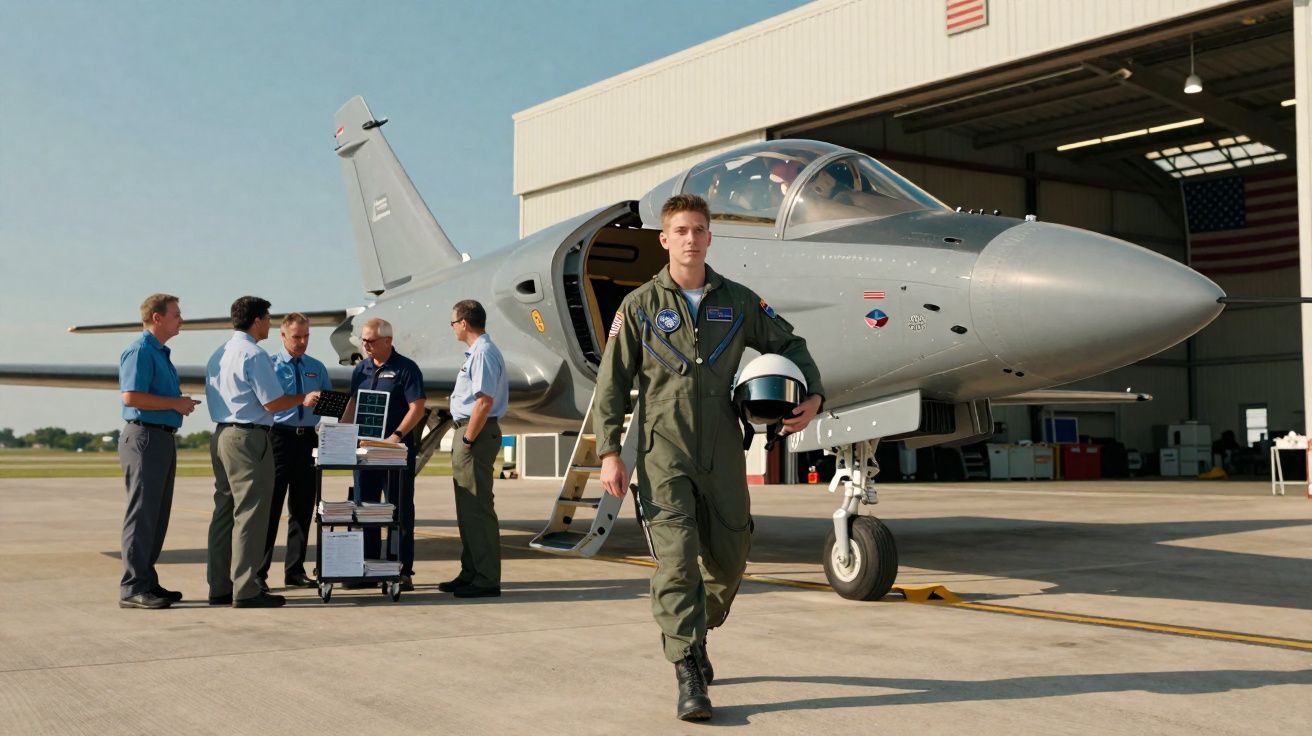 Jeune pilote en combinaison verte tenant un casque devant un avion militaire gris au sol, techniciens discutant en arrière-pl