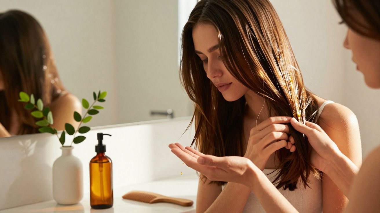Jeune femme appliquant un soin sur ses cheveux longs devant un miroir dans une salle de bain lumineuse.