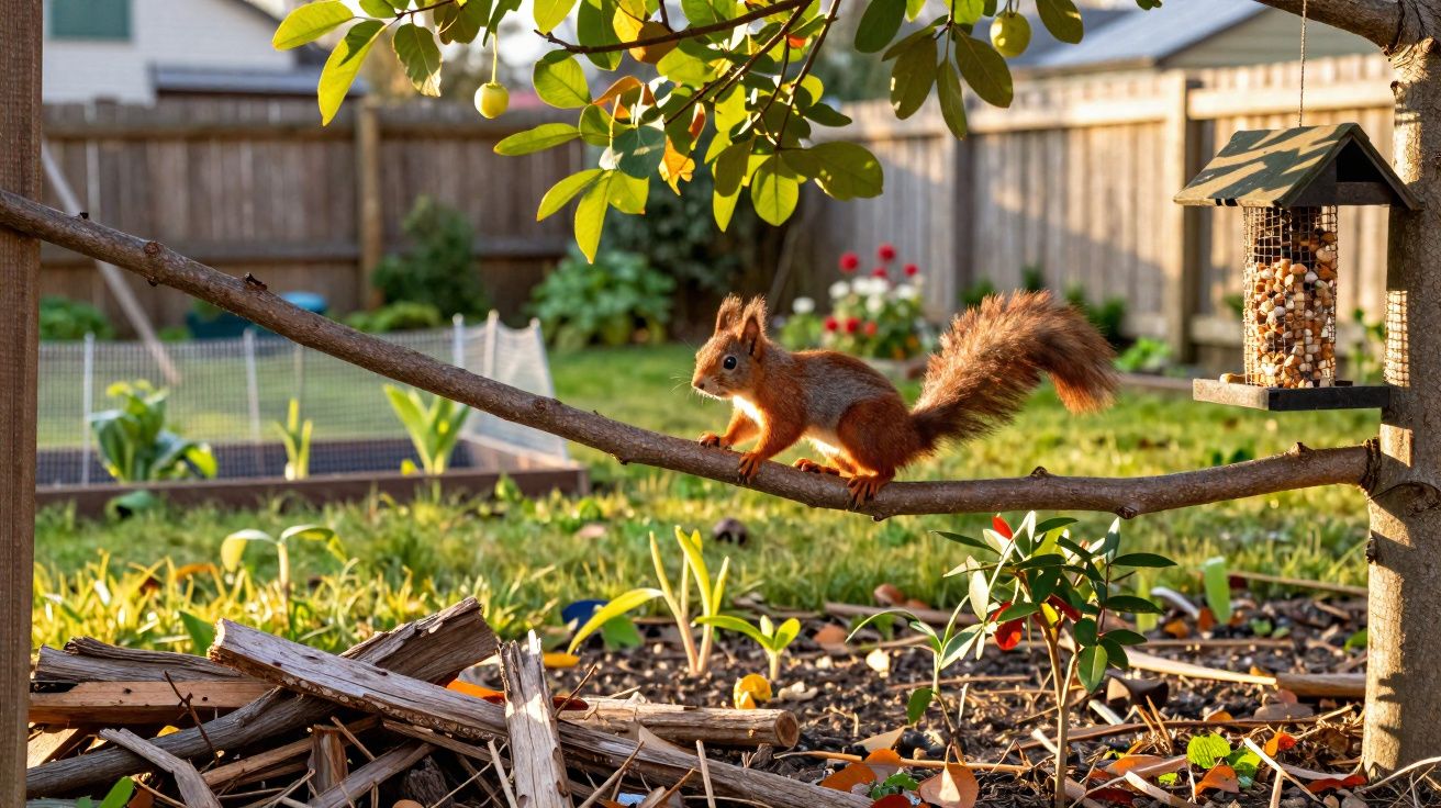 Écureuil roux sur une branche dans un jardin ensoleillé avec mangeoire à oiseaux, plantes et clôture en bois.