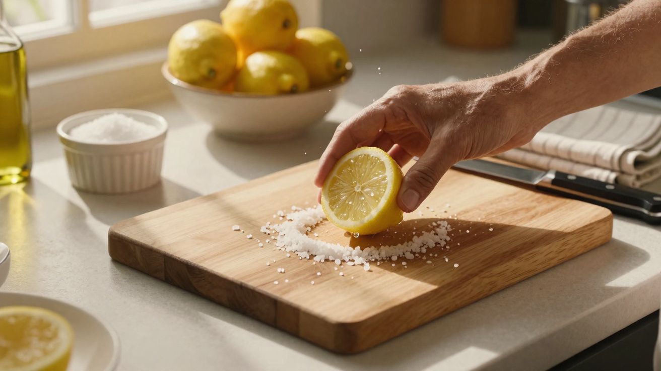 Main pressant un demi-citron sur une planche en bois avec du gros sel, bol de citrons en arrière-plan.