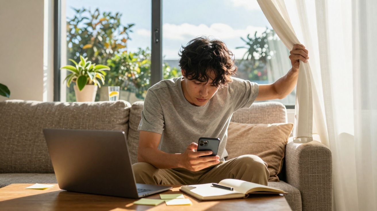 Jeune homme assis sur un canapé, regardant son téléphone avec un ordinateur portable et un carnet devant lui.