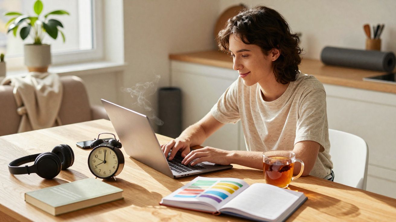 Femme souriante travaillant sur un ordinateur portable avec une tasse de thé et des livres sur une table en bois.