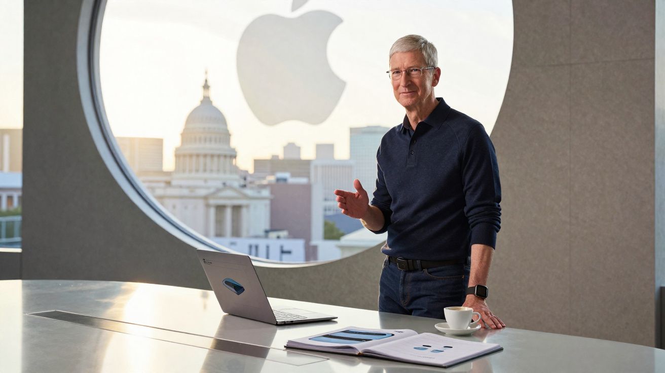 Homme souriant debout près d’une table avec ordinateur et documents, vue sur bâtiment historique et logo Apple.