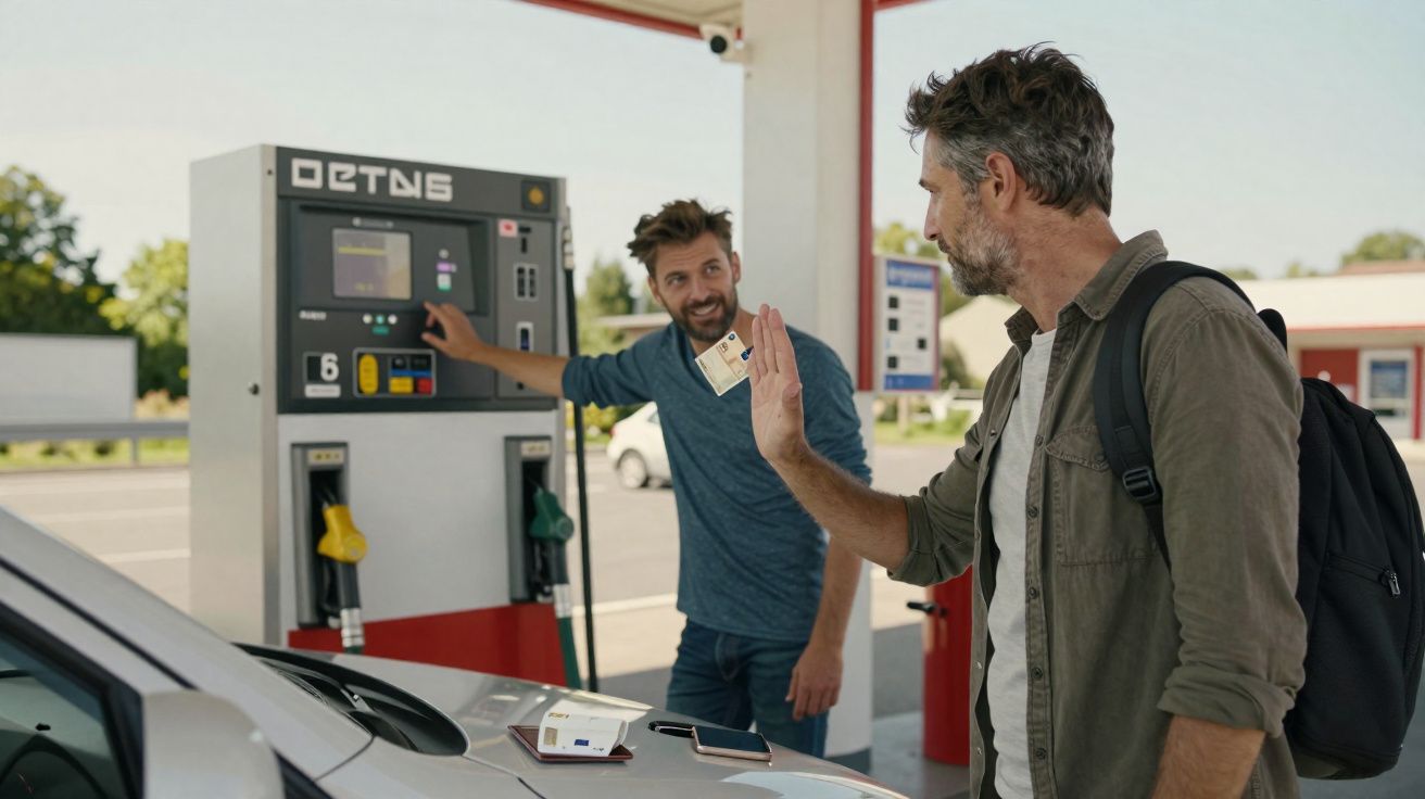 Deux hommes discutent à une station-service, l'un tenant une carte bancaire face à une pompe à essence.