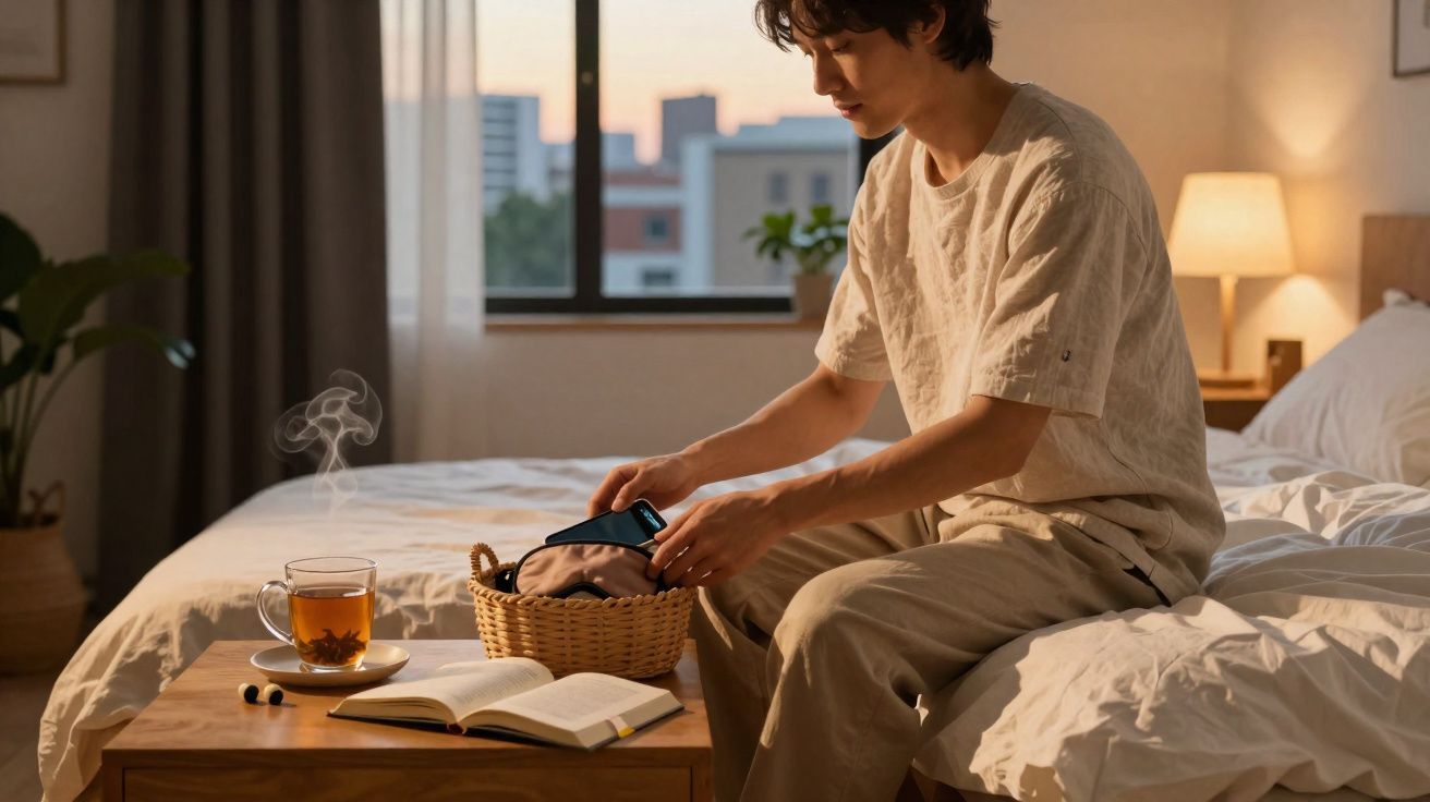 Jeune homme assis sur un lit, rangeant un masque dans un panier, avec une tasse de thé et un livre ouverts sur une table.