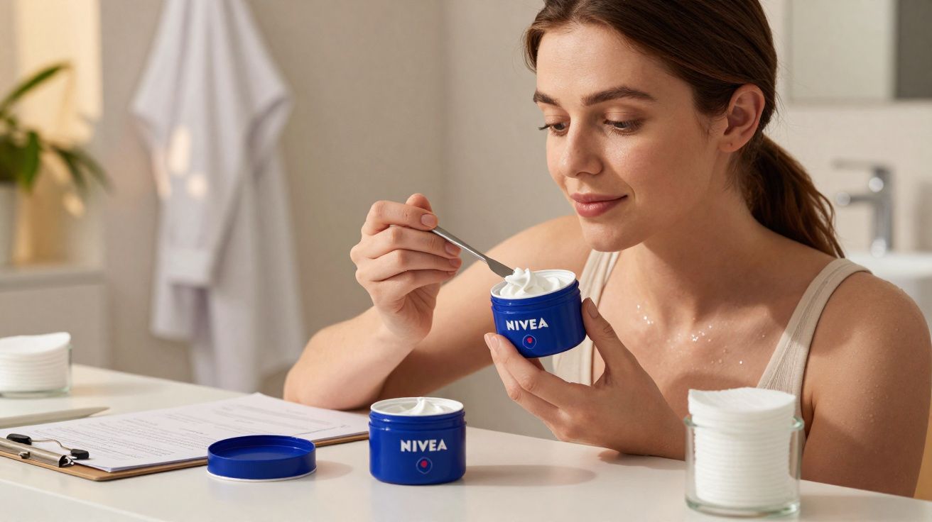 Jeune femme tenant un pot de crème Nivea et prélevant du produit avec une petite spatule dans une salle de bain.