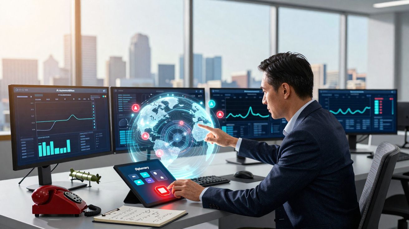 Homme d'affaires interagissant avec un écran holographique de globe terrestre dans un bureau moderne avec plusieurs écrans.
