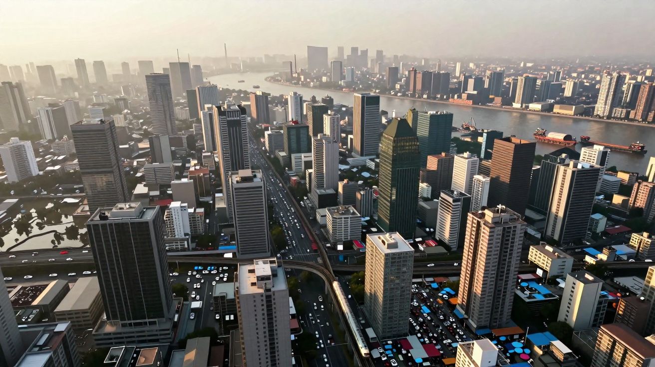 Vue aérienne d'une grande ville moderne avec gratte-ciel, rivière et trafic routier dense au crépuscule.
