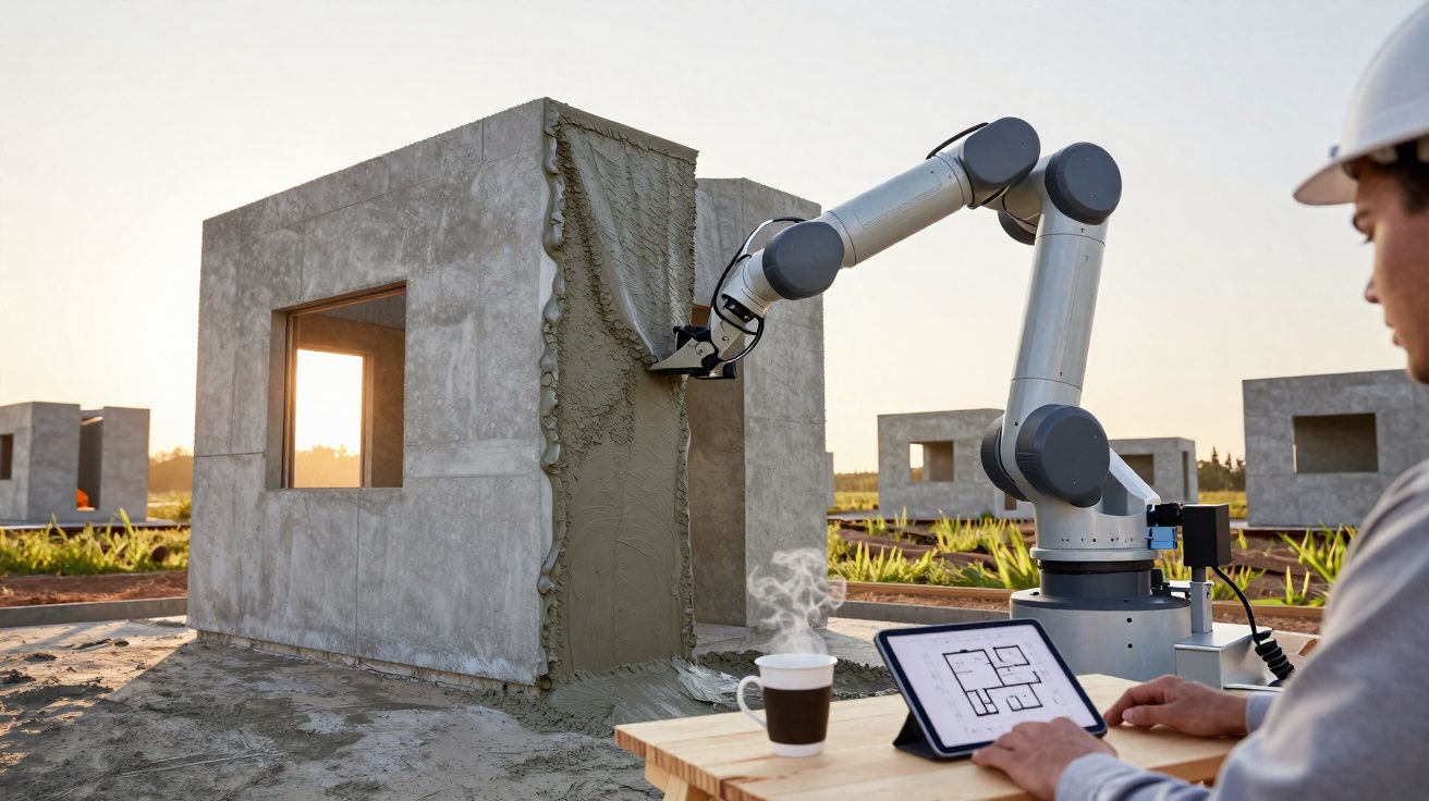 Robot imprimant une maison en 3D en béton, supervisé par un ouvrier avec un plan sur tablette.