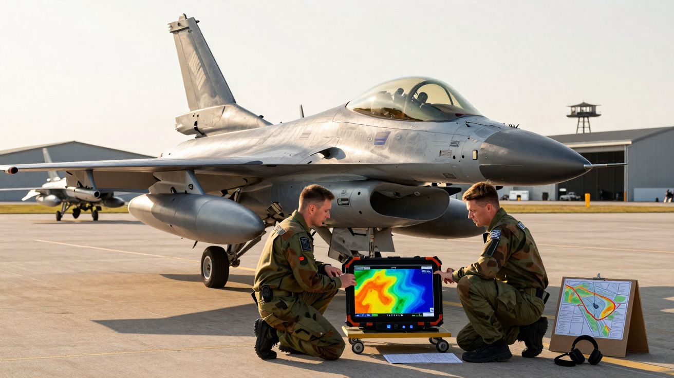 Deux pilotes militaires analysant des données sur un écran devant un avion de chasse F-16 sur un tarmac d'aéroport.