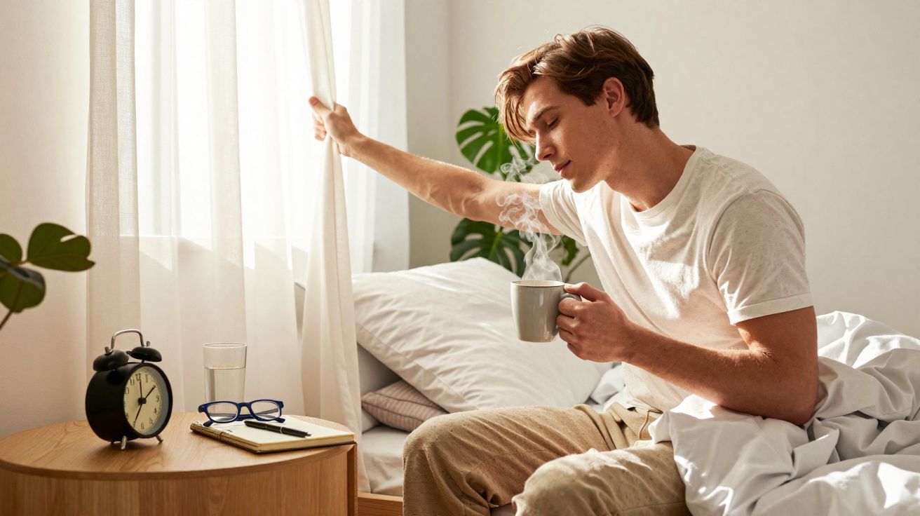 Jeune homme assis dans son lit, tenant une tasse fumante, ouvrant les rideaux pour laisser entrer la lumière du matin.