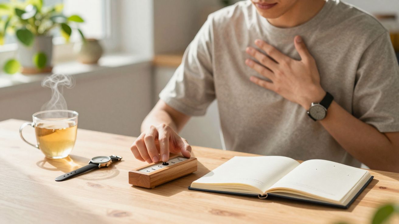 Personne assise à une table avec une tasse de thé chaud, un agenda ouvert et un sablier en bois.