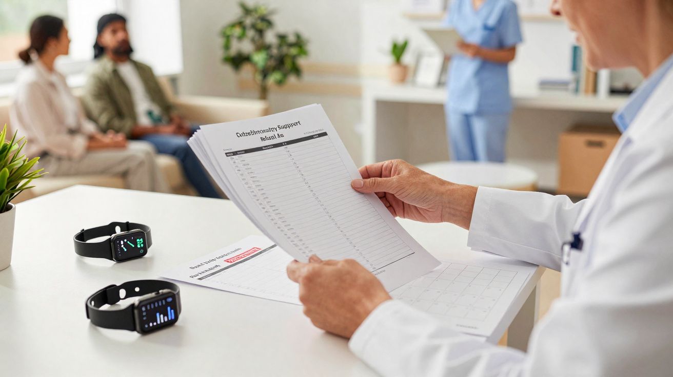 Un professionnel de santé consulte des résultats devant un couple en salle d’attente avec deux montres connectées sur la tabl