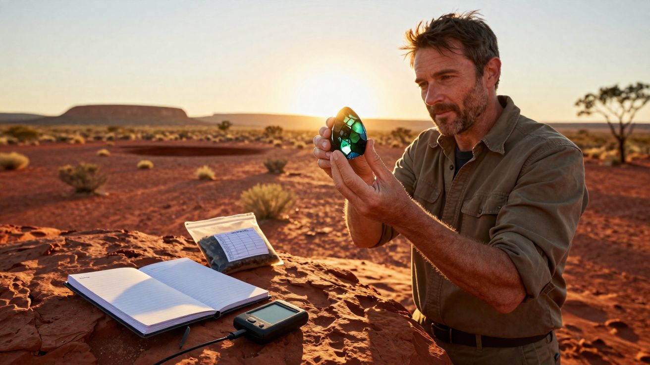 Homme dans un désert rouge examinant un caillou brillant au coucher du soleil, avec carnet et appareil sur une roche.