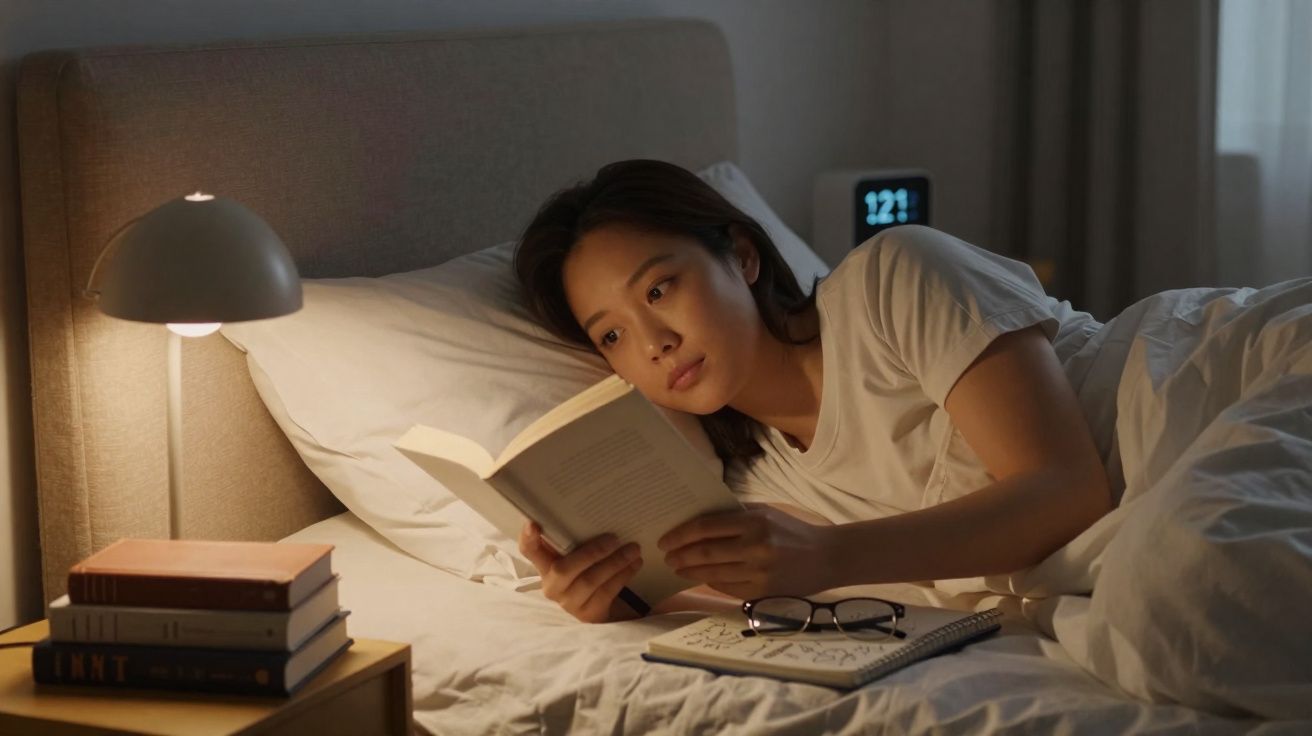 Jeune femme allongée dans son lit lisant un livre, lumière tamisée d'une lampe de chevet.