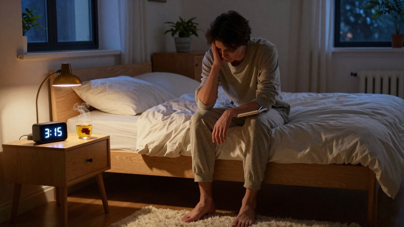 Jeune homme assis sur un lit la nuit, l'air fatigué, avec un livre en main et une tasse fumante sur la table de nuit.