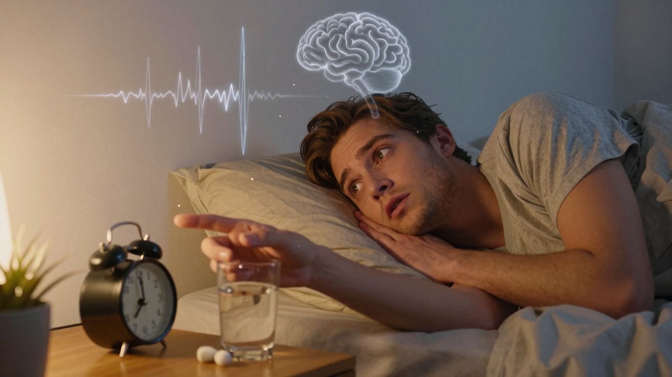 Homme allongé dans son lit regardant un réveil, illustration d'un cerveau et d'un rythme cardiaque en surimpression.