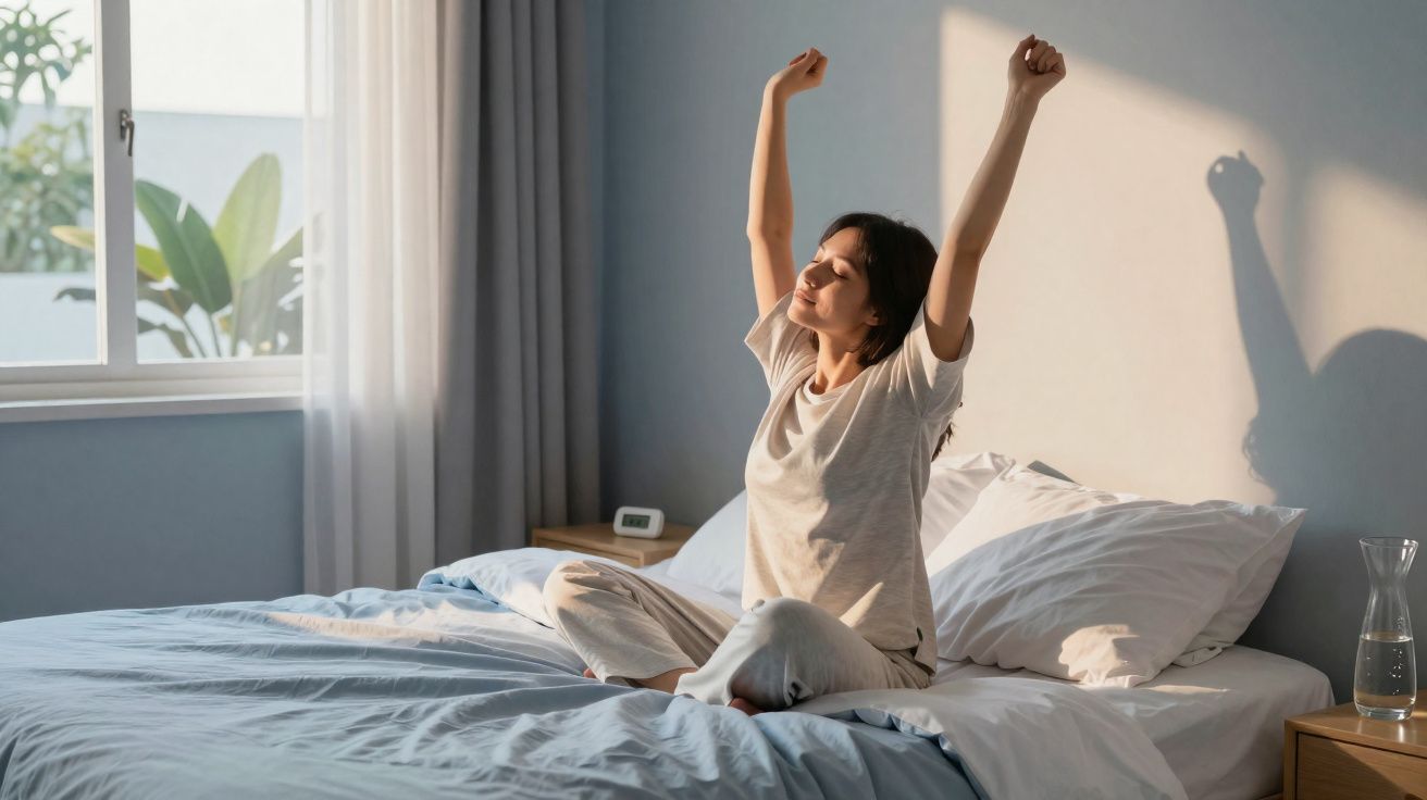 Jeune femme s'étirant assise sur un lit dans une chambre lumineuse au matin.