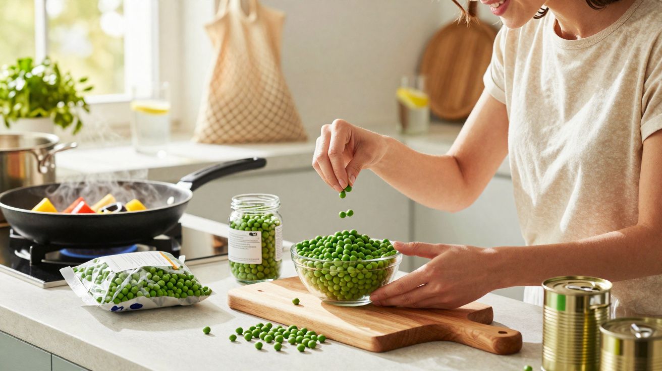 Personne préparant un bol de petits pois frais dans une cuisine moderne lumineuse.