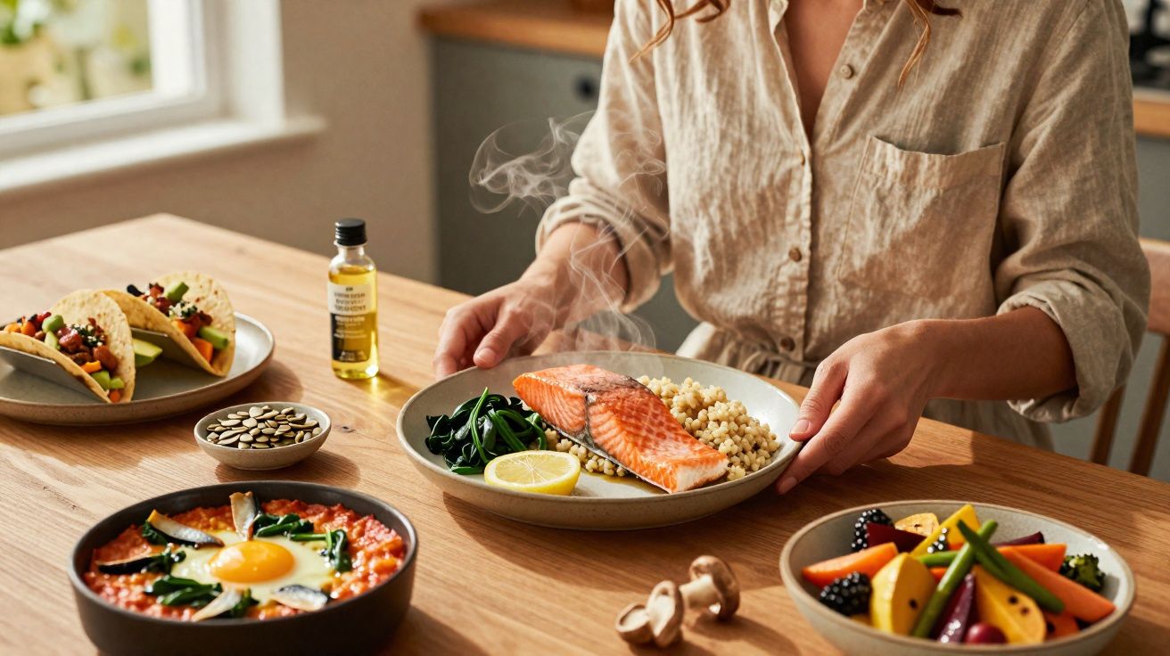 Personne tenant une assiette de saumon fumant, légumes verts et céréales, avec plats variés sur table en bois.