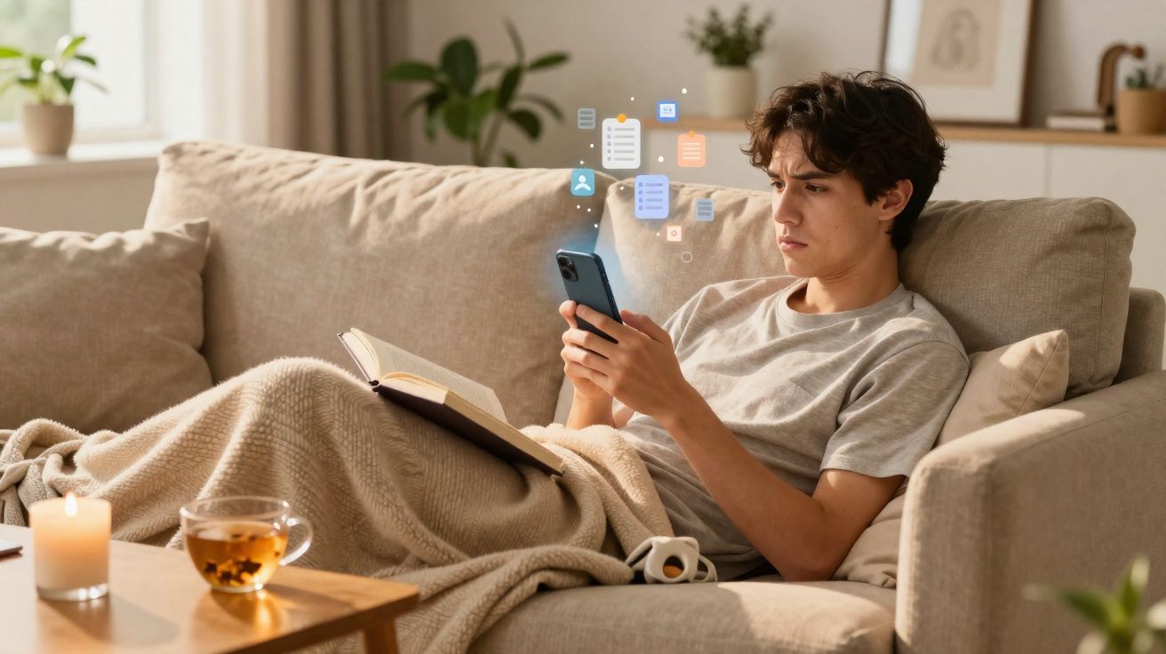 Jeune homme allongé sur un canapé avec une couverture, lisant un livre et consultant son smartphone.