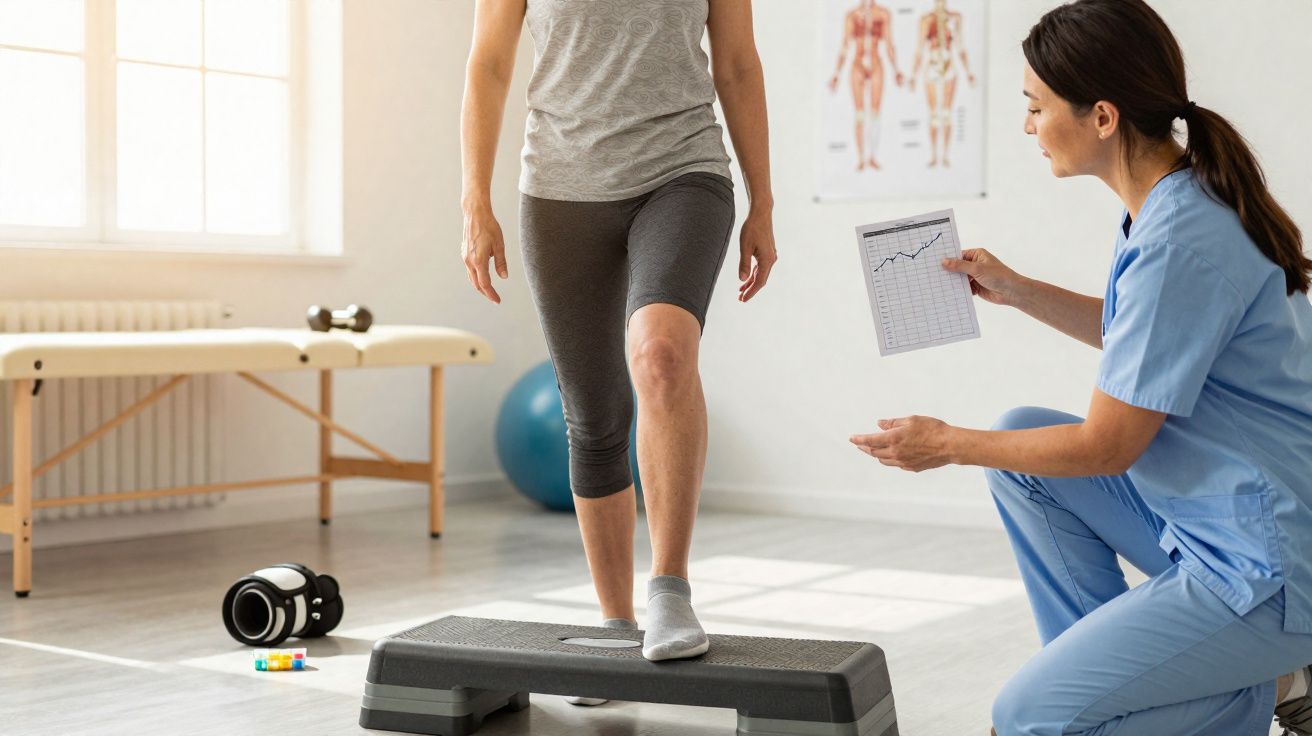 Femme en séance de rééducation avec kinésithérapeute, faisant un exercice de montée sur marche.