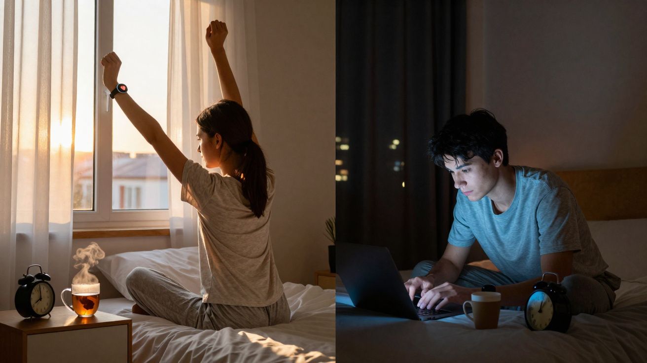 Jeune femme s'étirant au réveil le matin, jeune homme travaillant tard sur son ordinateur au lit.