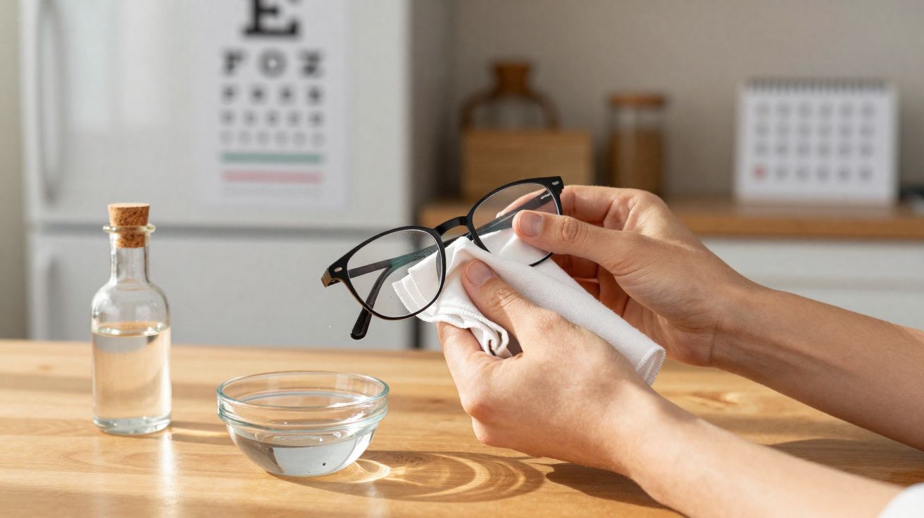 Personne nettoyant des lunettes avec un chiffon blanc sur une table en bois, verre d'eau et flacon à côté.