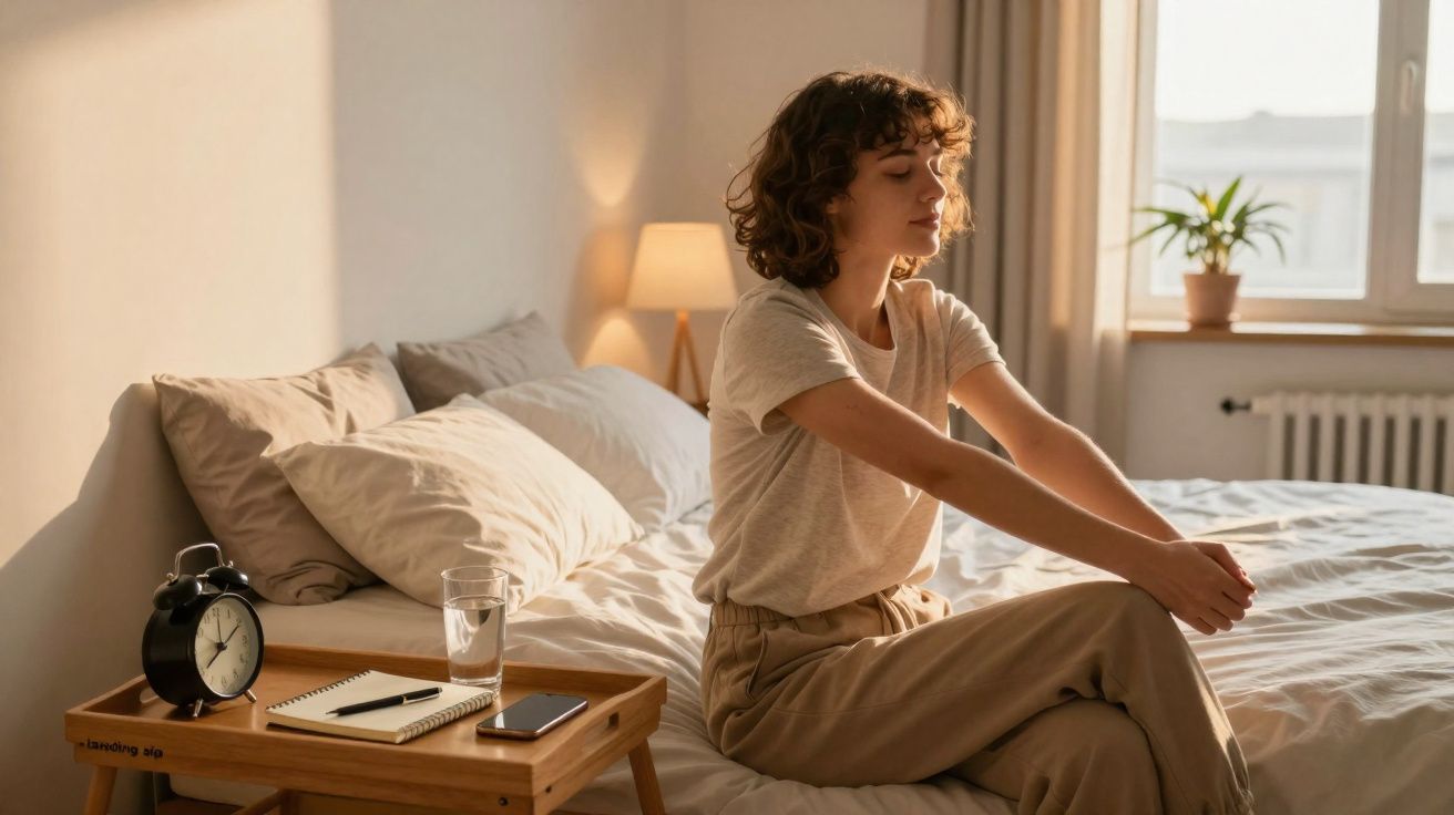 Jeune femme assise sur un lit, les yeux fermés, dans une chambre lumineuse au réveil.