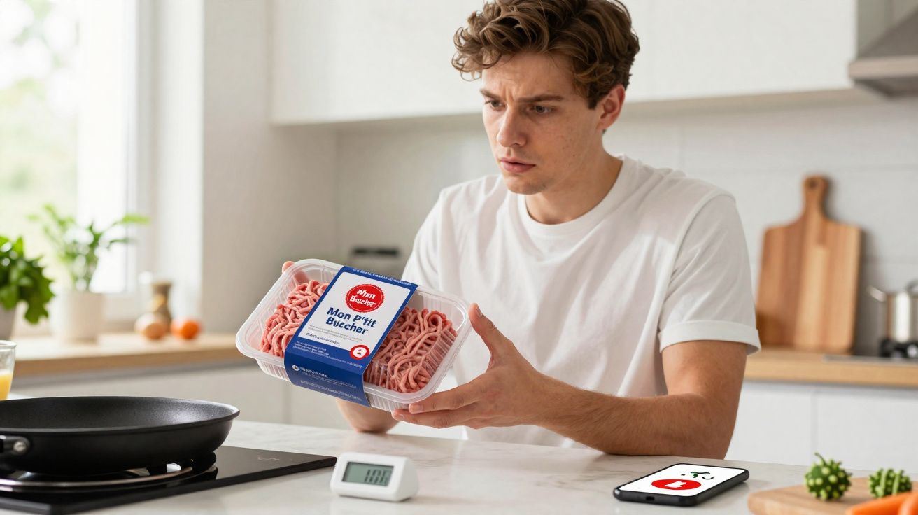 Jeune homme en t-shirt blanc tenant un paquet de viande hachée dans une cuisine moderne lumineuse.