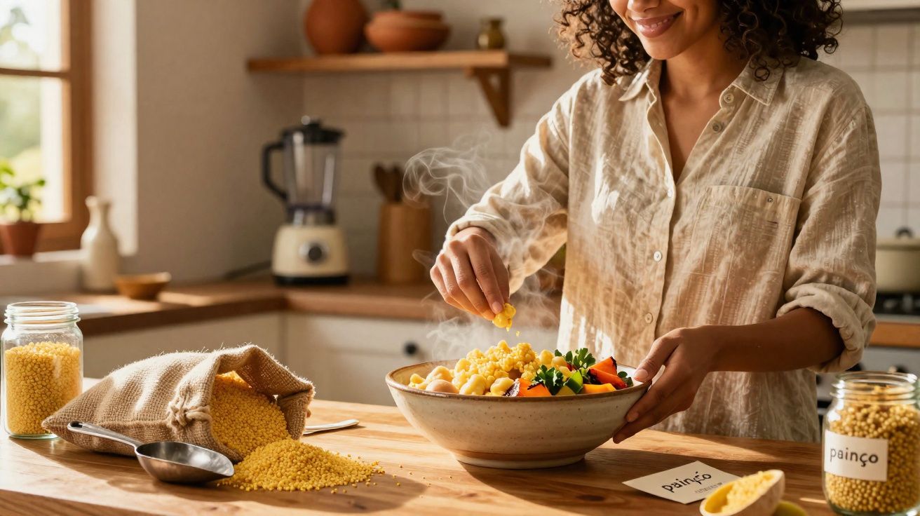 Femme préparant un plat chaud avec du painço dans une cuisine lumineuse, avec des ingrédients sur la table en bois.