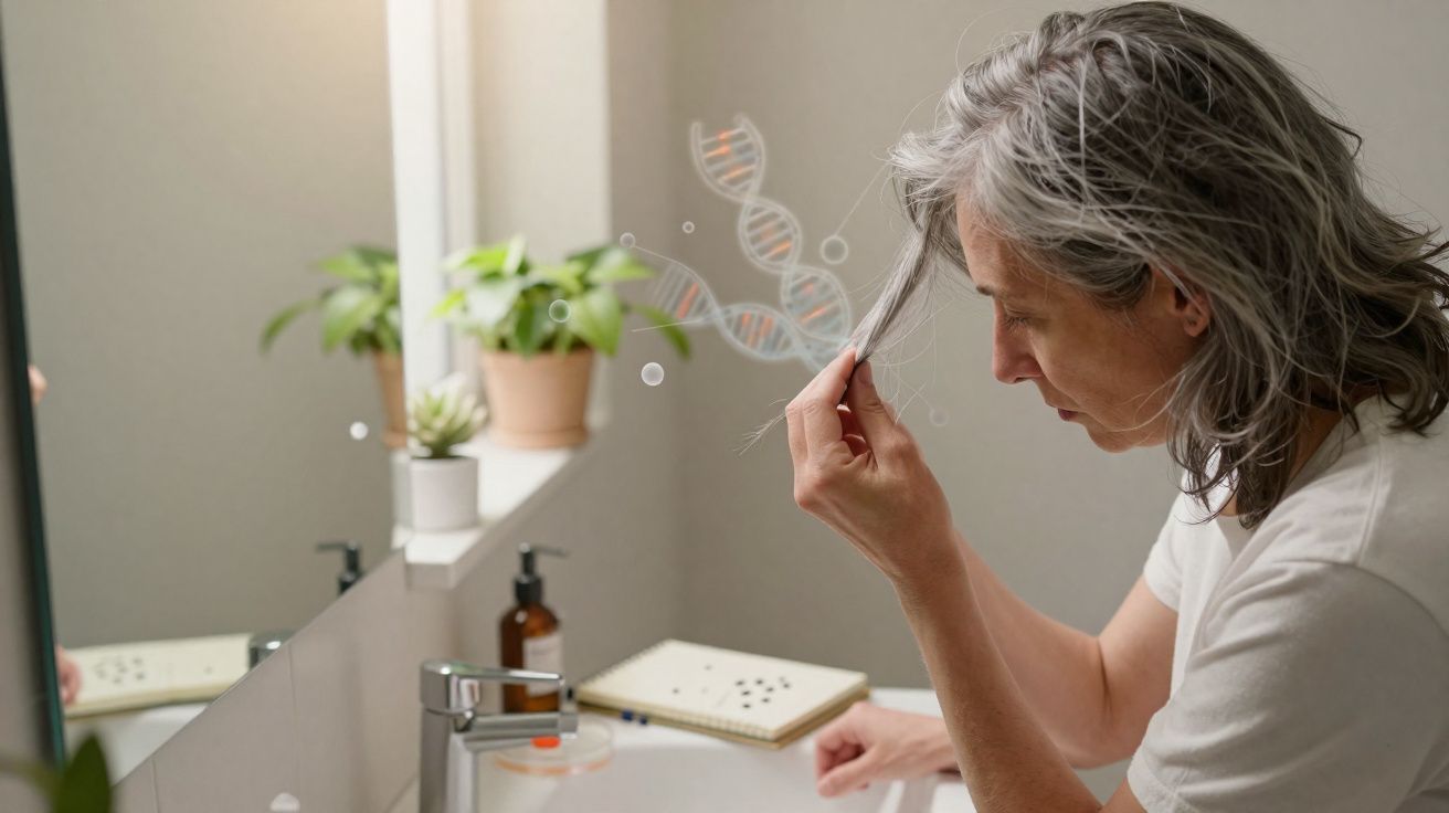 Femme regardant ses cheveux gris devant un miroir de salle de bain avec une illustration d’ADN flottante.