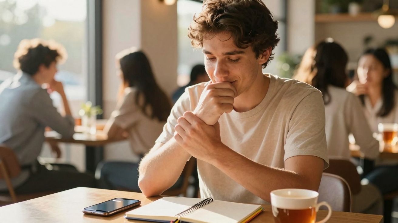 Jeune homme souriant réfléchissant avec un cahier ouvert et une tasse de thé dans un café animé.