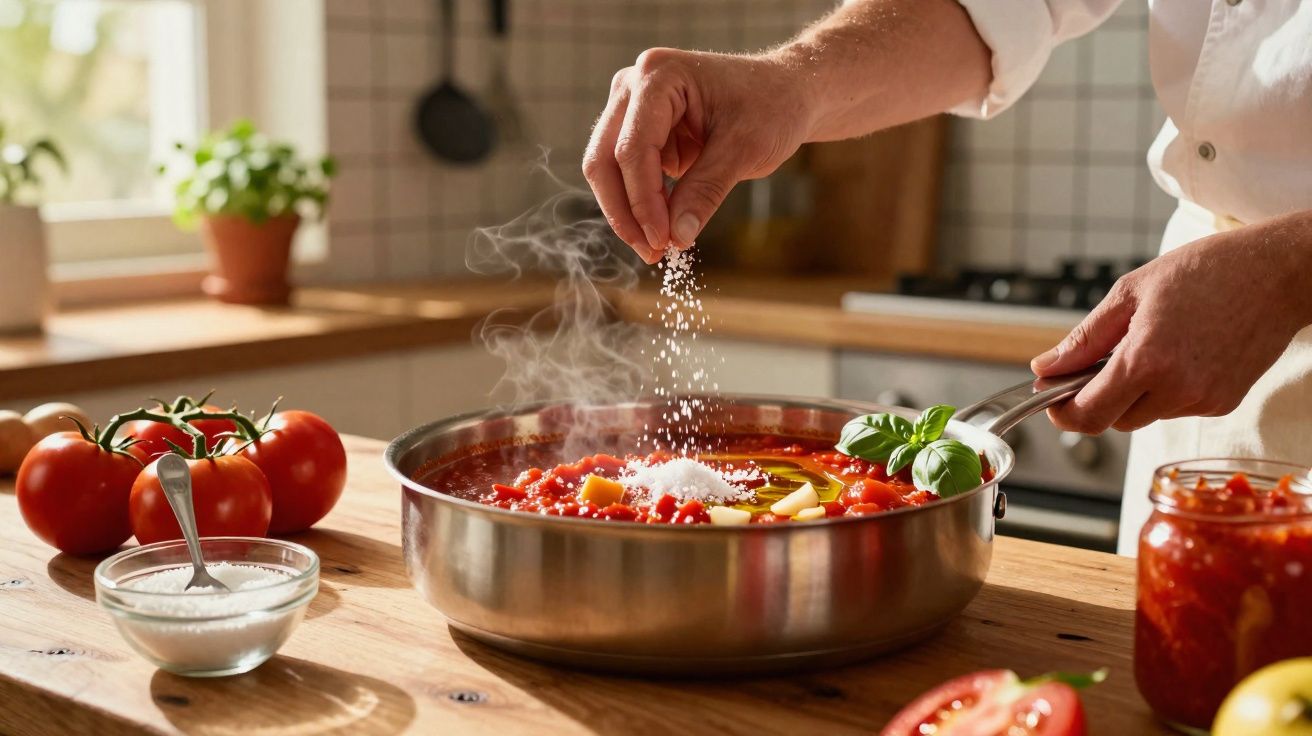 Un cuisinier ajoute du sel à une poêle de sauce tomate fumante sur un plan de travail en bois.