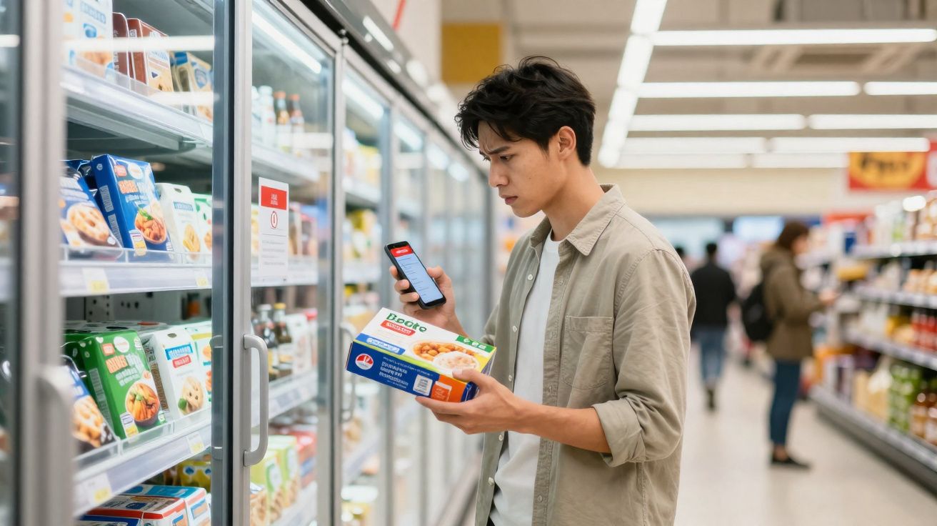 Homme tenant un produit surgelé et consultant son téléphone dans un supermarché devant un congélateur.