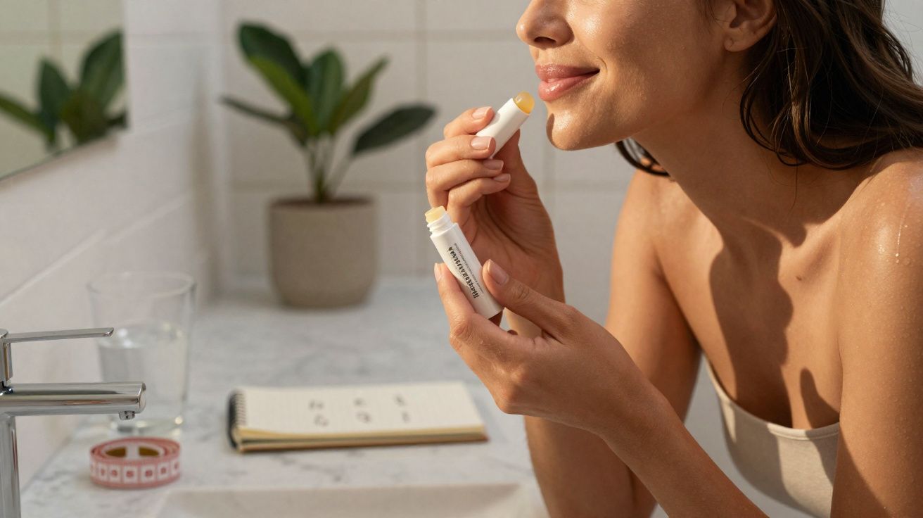 Femme appliquant un baume à lèvres hydratant dans une salle de bain lumineuse avec plante verte en arrière-plan.