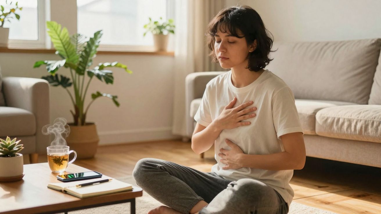 Femme assise au sol, mains sur poitrine et ventre, manifestant un malaise dans un salon lumineux.