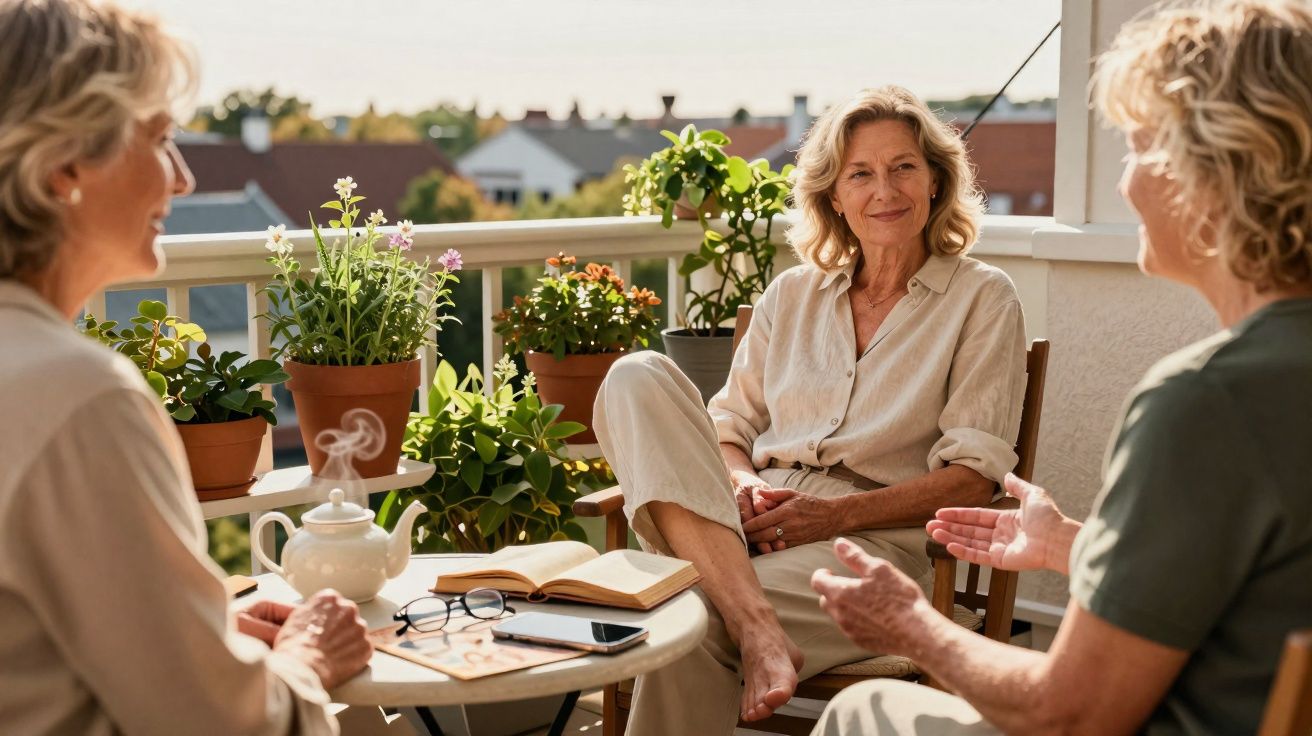 Trois femmes âgées discutant sur un balcon entouré de plantes, avec un livre et une théière fumante sur la table.