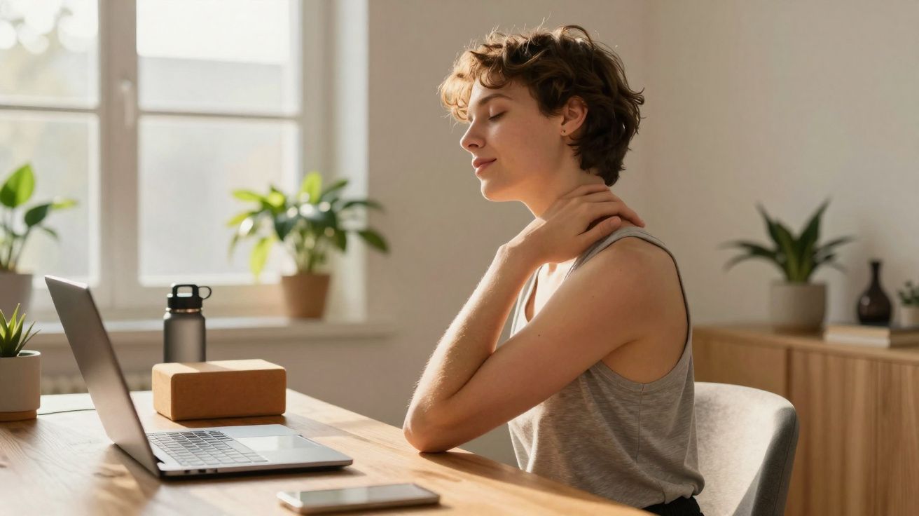 Femme assise devant un ordinateur, massant son cou dans une pièce lumineuse avec des plantes.