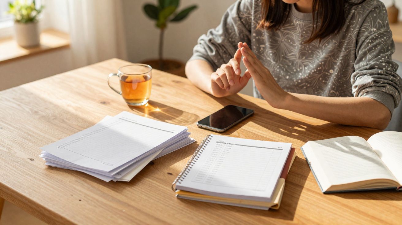 Personne refusant un appel téléphonique à côté de documents, un cahier, un téléphone et une tasse de thé sur une table en boi