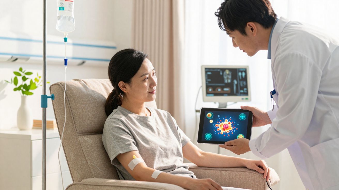 Médecin montrant une tablette avec une image de virus à une patiente recevant une perfusion en fauteuil médical.