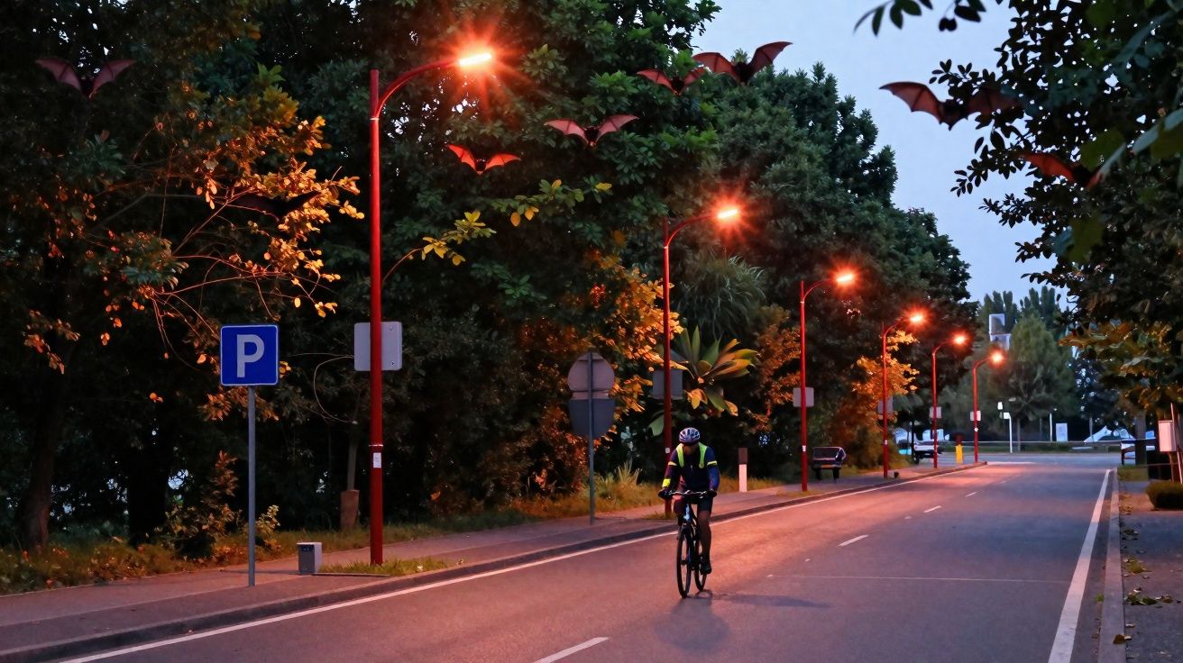 Cycliste en tenue réfléchissante roulant sur une route éclairée bordée d'arbres au crépuscule.